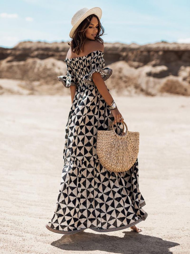 Robe Boho Pour Femmes Sans Bretelles Demi-manches Plage - Noir