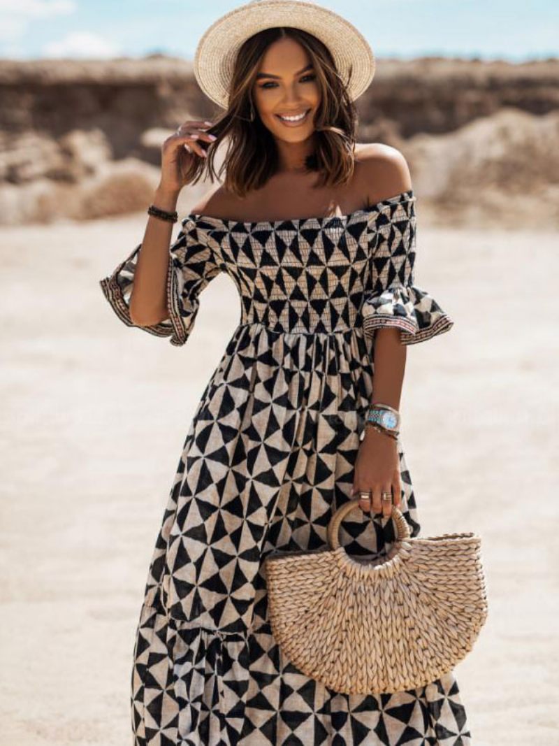 Robe Boho Pour Femmes Sans Bretelles Demi-manches Plage - Noir