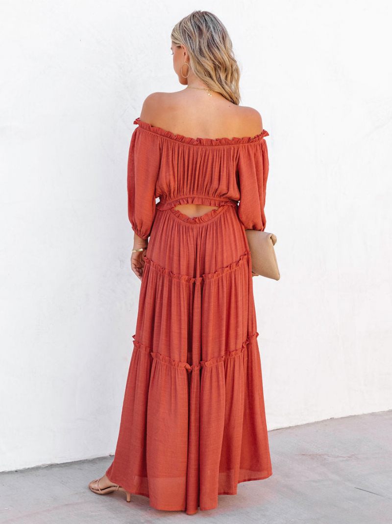 Robe Boho Pour Femmes Volants Épaules Dénudées Robes Longues D'été Décontractées À Plusieurs Niveaux - Rouge-Orange