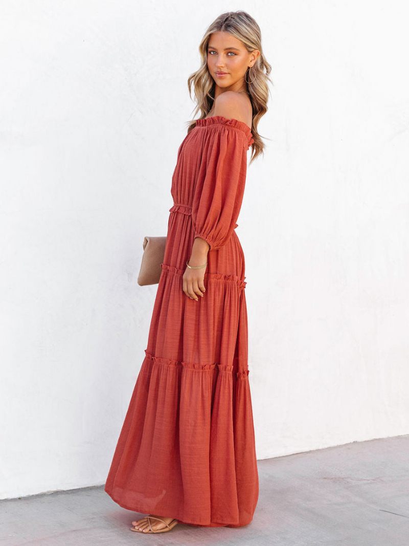 Robe Boho Pour Femmes Volants Épaules Dénudées Robes Longues D'été Décontractées À Plusieurs Niveaux - Rouge-Orange