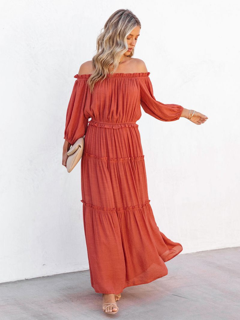 Robe Boho Pour Femmes Volants Épaules Dénudées Robes Longues D'été Décontractées À Plusieurs Niveaux - Rouge-Orange