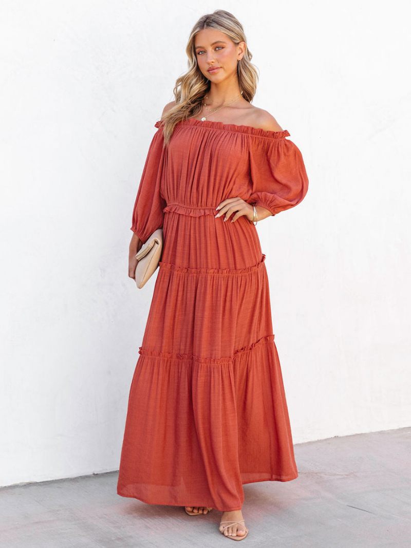 Robe Boho Pour Femmes Volants Épaules Dénudées Robes Longues D'été Décontractées À Plusieurs Niveaux - Rouge-Orange