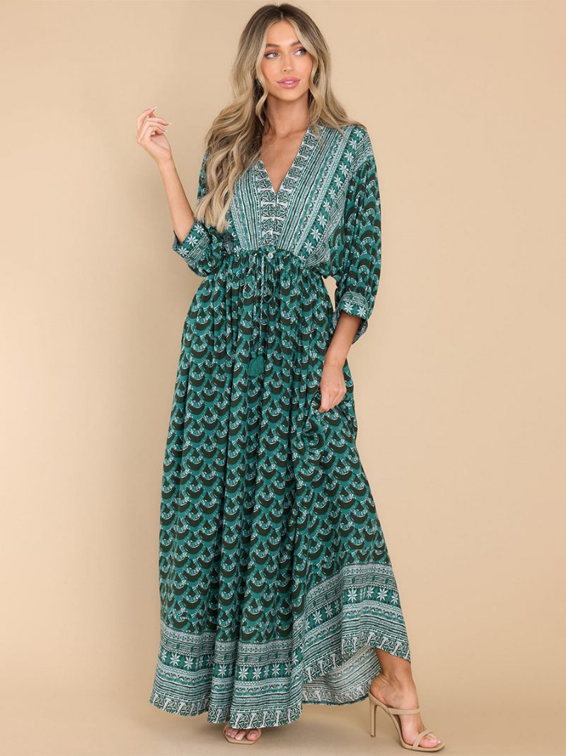 Robe Boho Imprimée Pour Femmes Col V Coupe Haute Décontractée Maxi Robes Plage