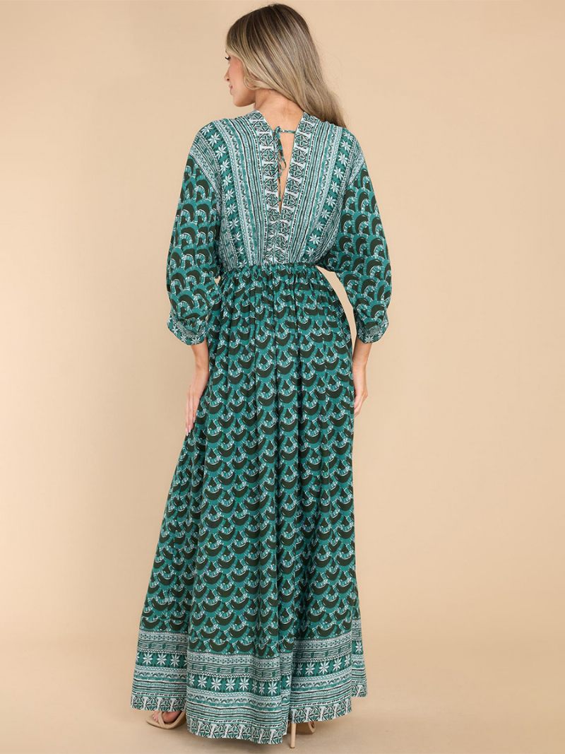 Robe Boho Imprimée Pour Femmes Col V Coupe Haute Décontractée Maxi Robes Plage - Vert