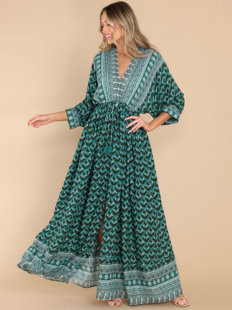 Robe Boho Imprimée Pour Femmes Col V Coupe Haute Décontractée Maxi Robes Plage - Vert