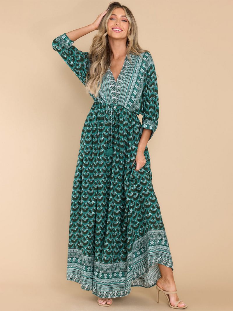 Robe Boho Imprimée Pour Femmes Col V Coupe Haute Décontractée Maxi Robes Plage - Vert