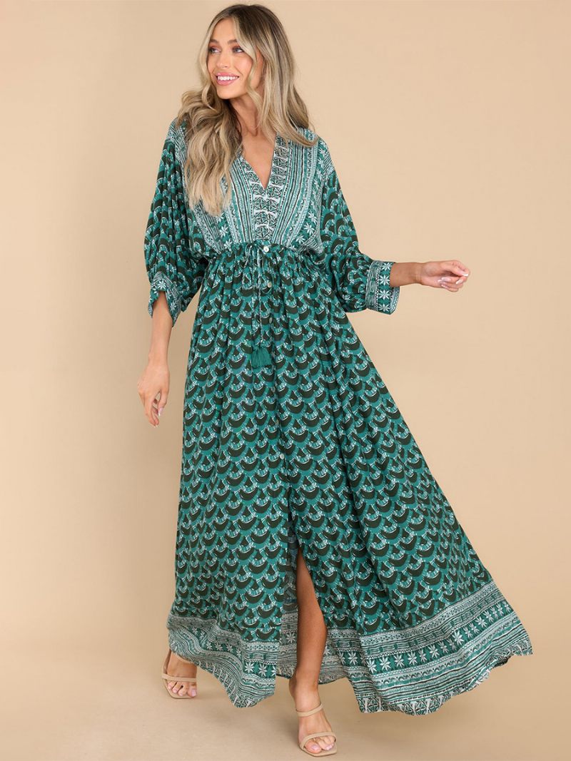 Robe Boho Imprimée Pour Femmes Col V Coupe Haute Décontractée Maxi Robes Plage - Vert