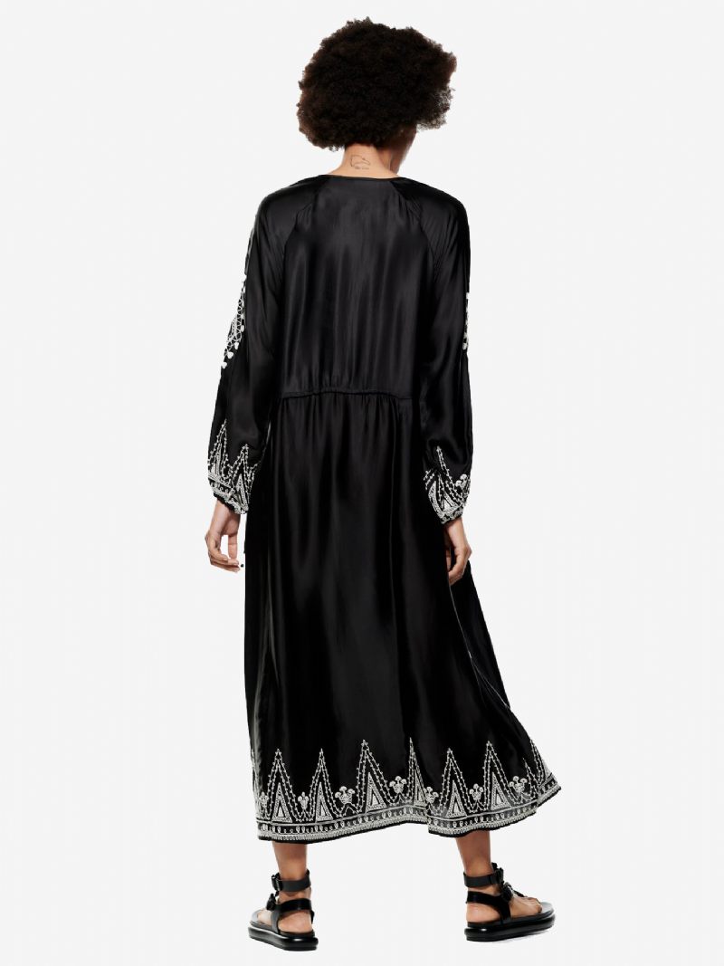 Robe Boho Imprimée Géométrique Pour Femmes À Lacets Col Rond Robes Longues Décontractées Quotidiennes - Noir