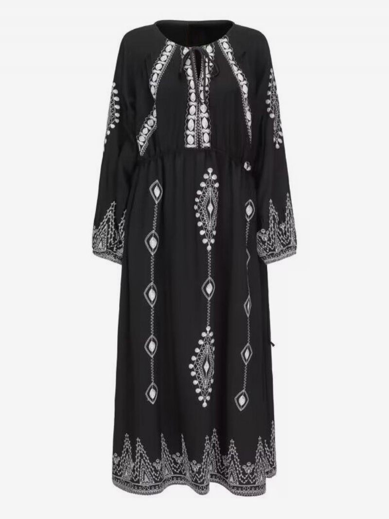 Robe Boho Imprimée Géométrique Pour Femmes À Lacets Col Rond Robes Longues Décontractées Quotidiennes - Noir