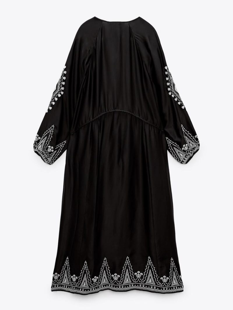 Robe Boho Imprimée Géométrique Pour Femmes À Lacets Col Rond Robes Longues Décontractées Quotidiennes - Noir