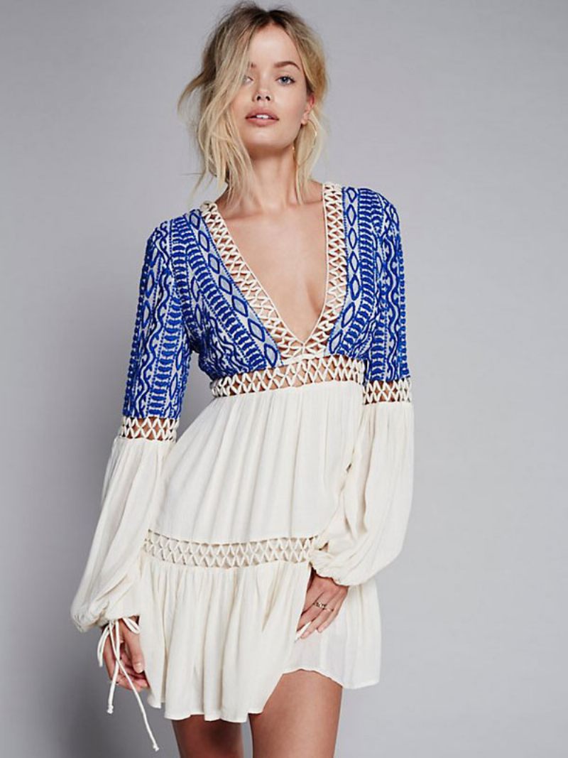 Robe Boho Manches Longues Évêque Col V Profond Brodé Bohème Gitane Plage Vacances Coton Blanc Printemps Été Patineuse Courte Pour Les Femmes