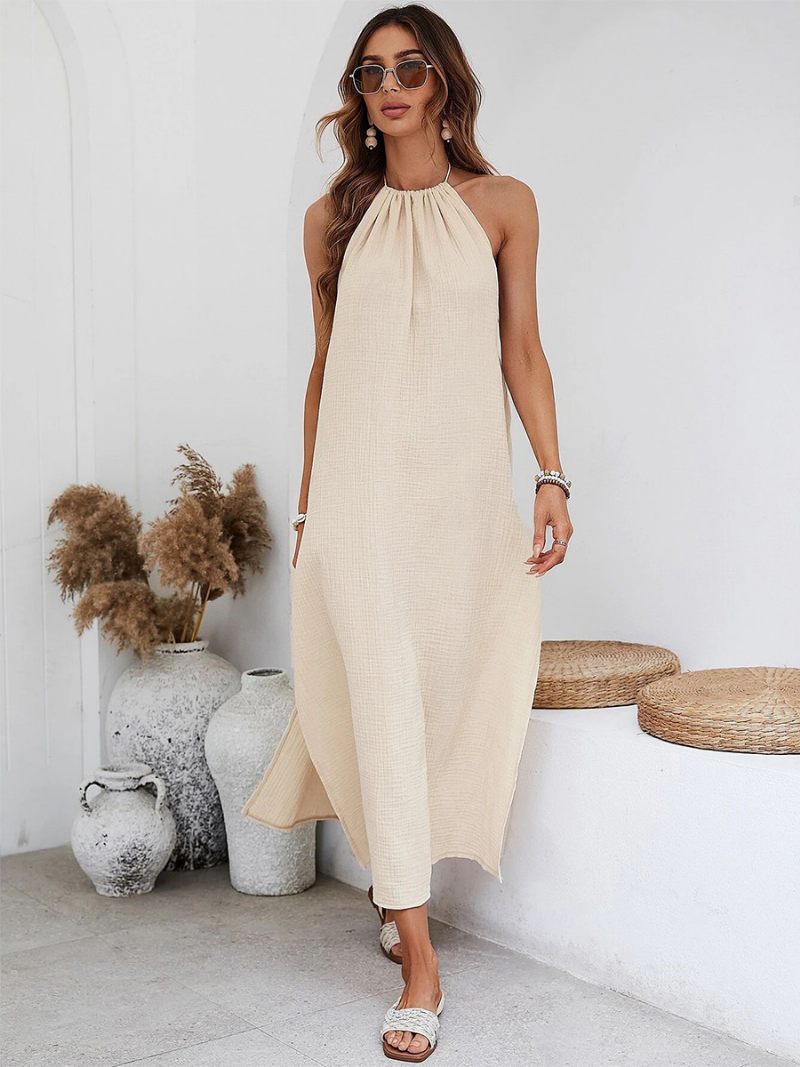 Robe Boho Plissée Pour Femmes Col Bijou Sans Manches Surdimensionnée Plage