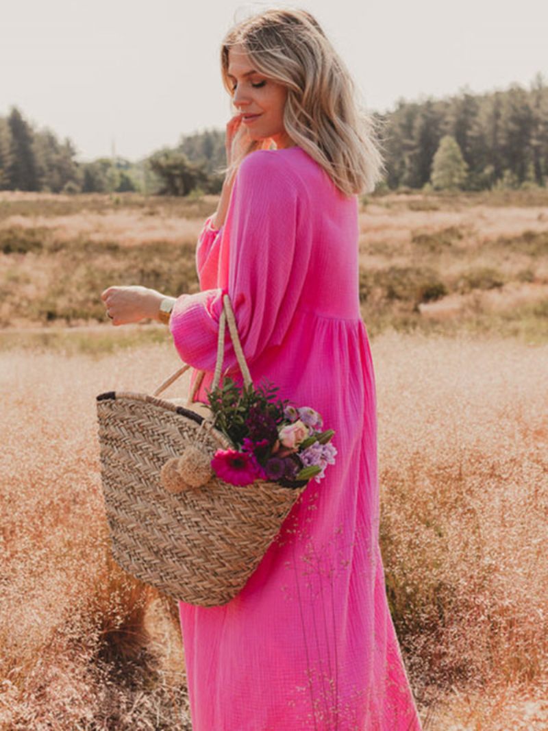 Robe Boho Plissée Pour Femmes Col V Manches Longues Robes Maxi Décontractées Au Quotidien - Rose