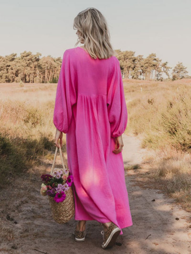 Robe Boho Plissée Pour Femmes Col V Manches Longues Robes Maxi Décontractées Au Quotidien - Rose