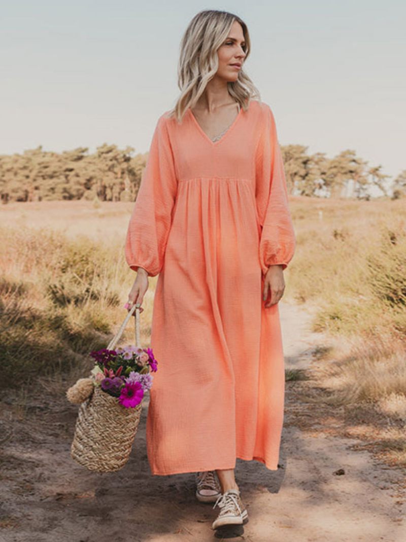 Robe Boho Plissée Pour Femmes Col V Manches Longues Robes Maxi Décontractées Au Quotidien - Orange