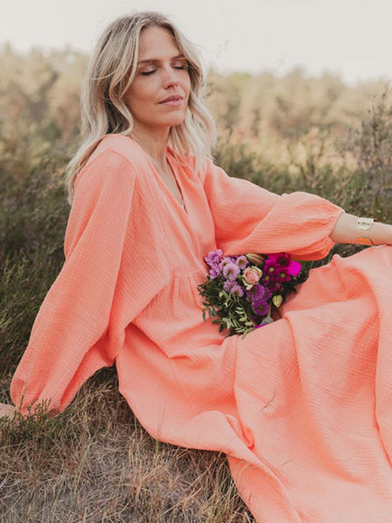 Robe Boho Plissée Pour Femmes Col V Manches Longues Robes Maxi Décontractées Au Quotidien - Orange