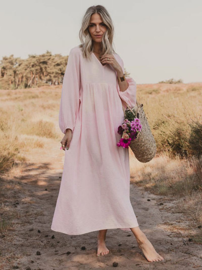 Robe Boho Plissée Pour Femmes Col V Manches Longues Robes Maxi Décontractées Au Quotidien - Rose