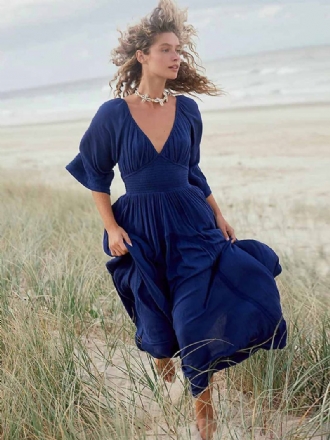 Robe Boho Plissée Pour Femmes Col V Manches Trois Quarts Robes Longues Plage