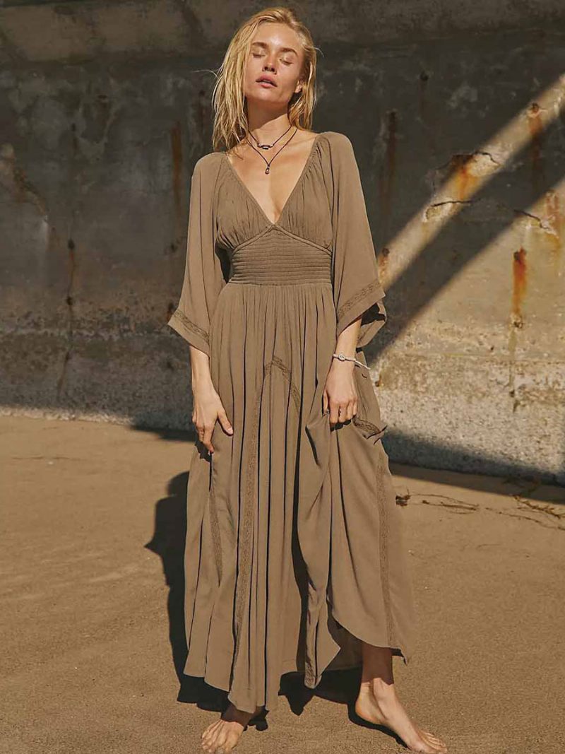 Robe Boho Plissée Pour Femmes Col V Manches Trois Quarts Robes Longues Plage - Marron Café