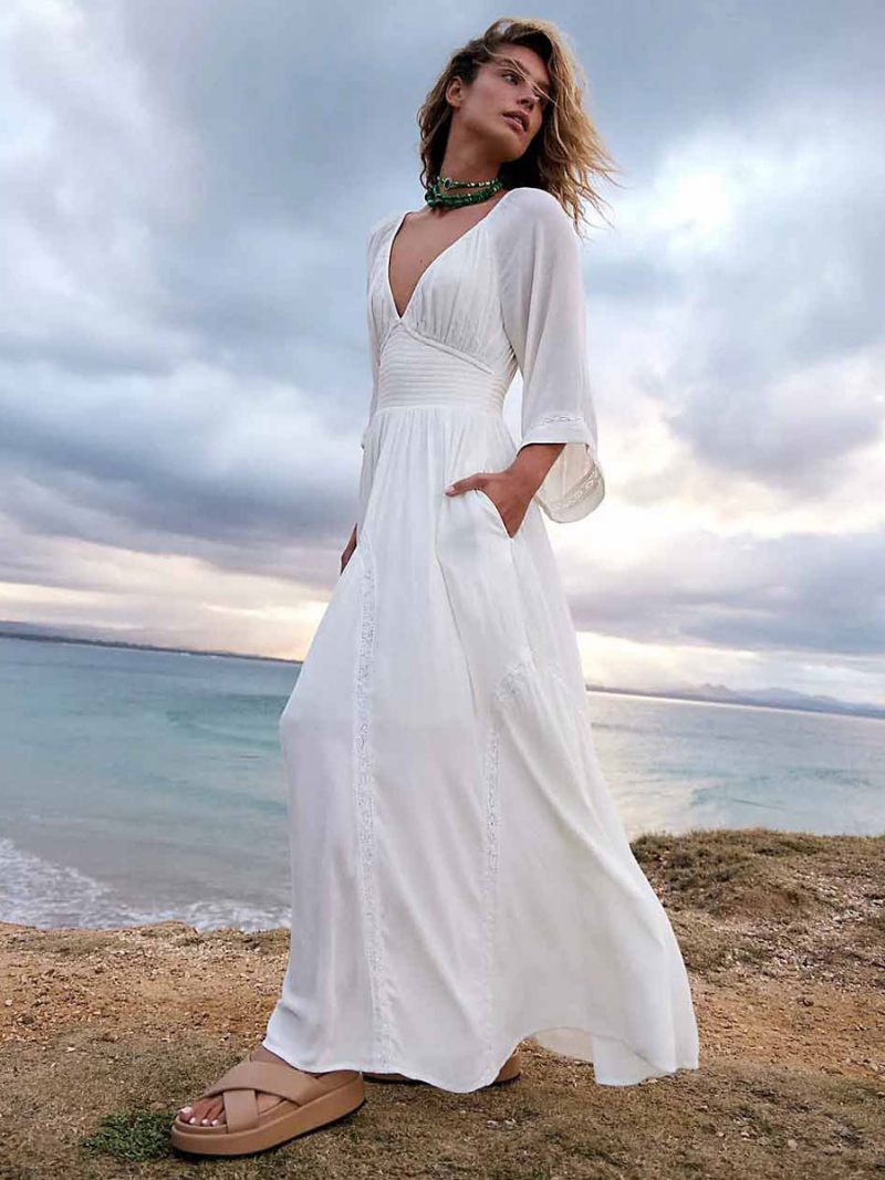 Robe Boho Plissée Pour Femmes Col V Manches Trois Quarts Robes Longues Plage - Blanc