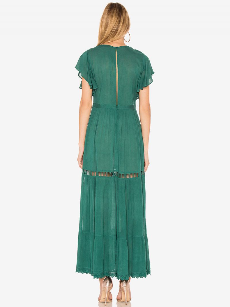 Robe Boho Rose Clair Col V Manches Courtes Brodée Transparente Bohème Gitane Plage Vacances Été Maxi Pour Femmes - Vert