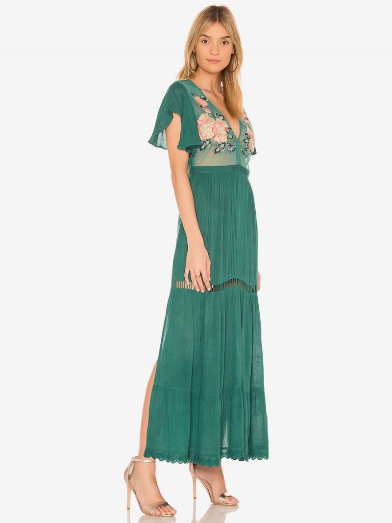 Robe Boho Rose Clair Col V Manches Courtes Brodée Transparente Bohème Gitane Plage Vacances Été Maxi Pour Femmes - Vert