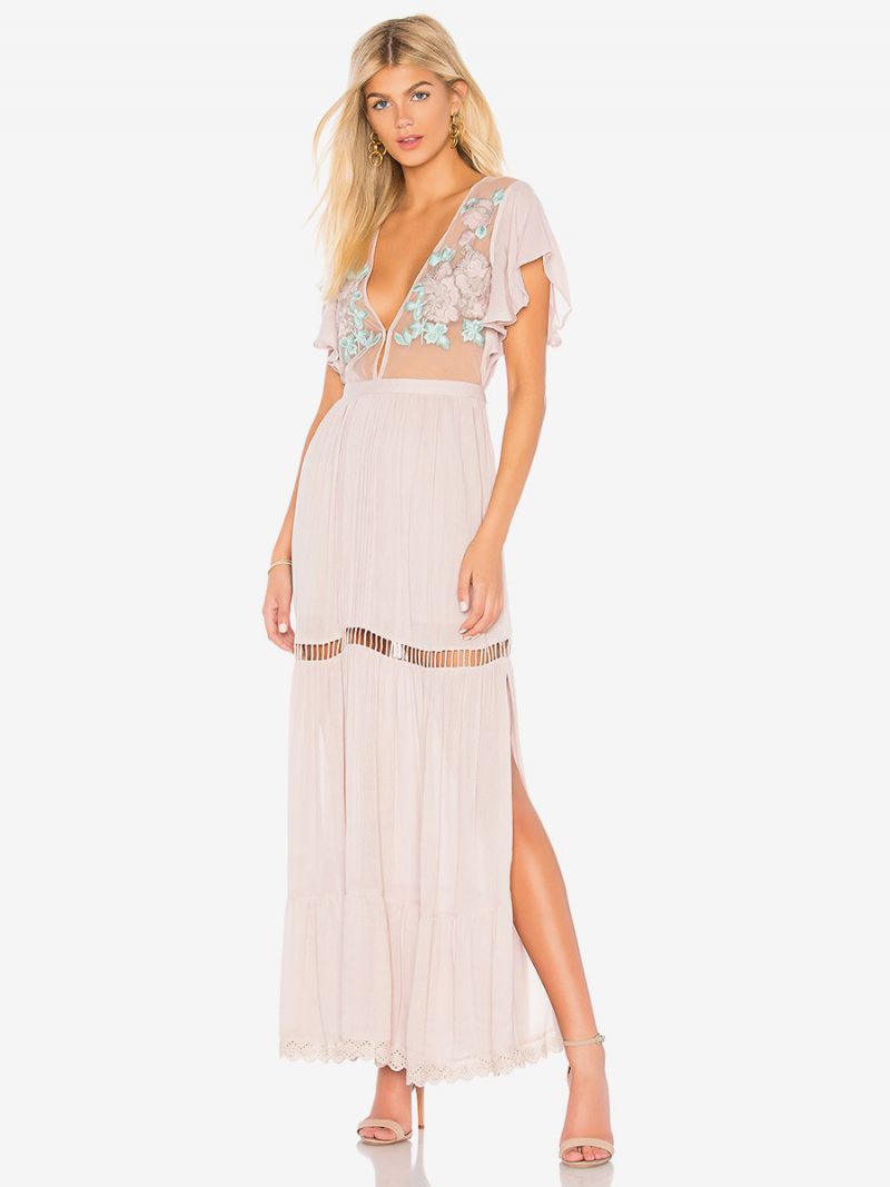 Robe Boho Rose Clair Col V Manches Courtes Brodée Transparente Bohème Gitane Plage Vacances Été Maxi Pour Femmes - Rose Clair