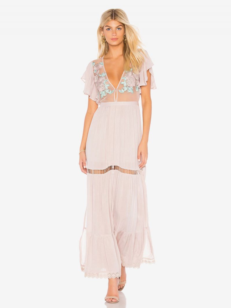 Robe Boho Rose Clair Col V Manches Courtes Brodée Transparente Bohème Gitane Plage Vacances Été Maxi Pour Femmes - Rose Clair