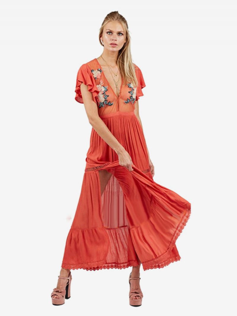 Robe Boho Rose Clair Col V Manches Courtes Brodée Transparente Bohème Gitane Plage Vacances Été Maxi Pour Femmes - Orange