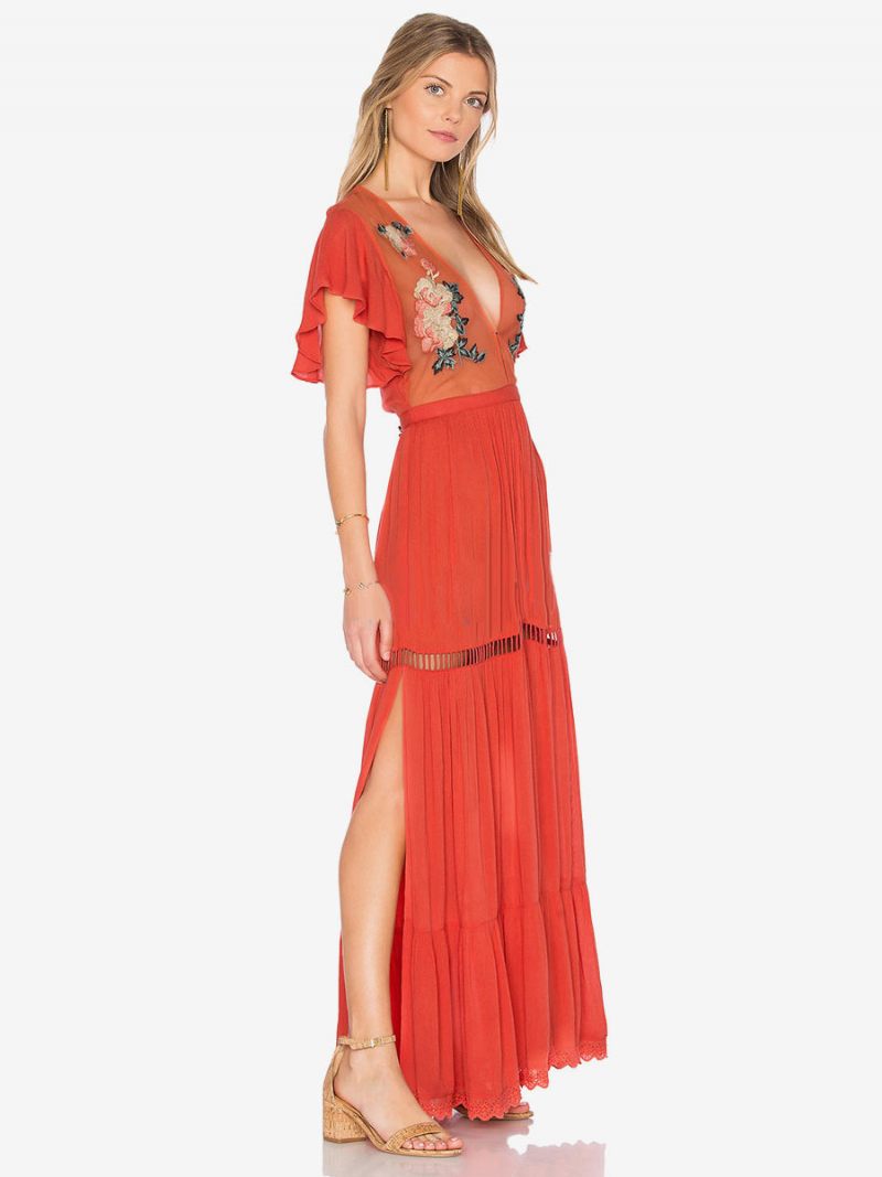 Robe Boho Rose Clair Col V Manches Courtes Brodée Transparente Bohème Gitane Plage Vacances Été Maxi Pour Femmes - Orange