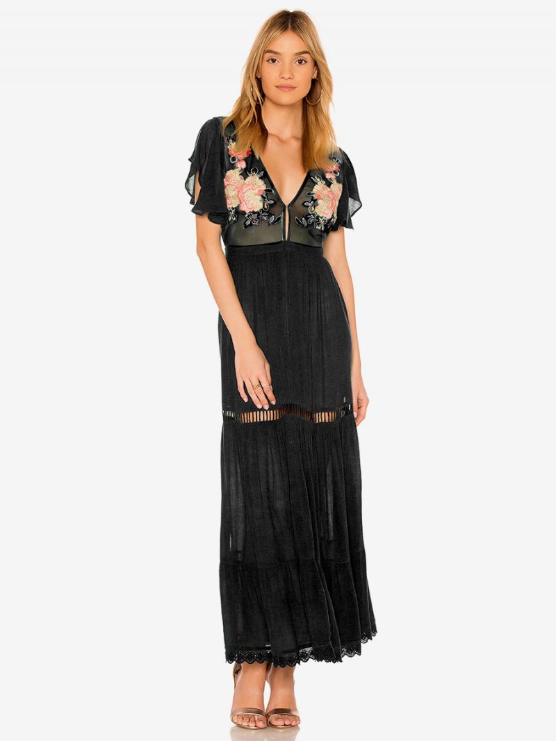 Robe Boho Rose Clair Col V Manches Courtes Brodée Transparente Bohème Gitane Plage Vacances Été Maxi Pour Femmes - Noir