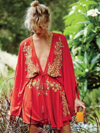 Robe Boho Rouge Coton Col V Profond Manches Longues Trompette Bohème Gypsy Brodé Vacances Printemps Automne Mini Plage Pour Femmes