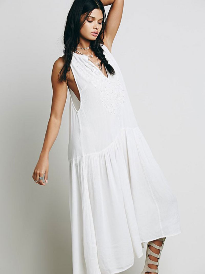 Robe Boho Sans Manches Col V Brodée Style Bohémien Gitane Vacances Bleu Sarcelle Longue Débardeur Pour Femmes Été - Blanc