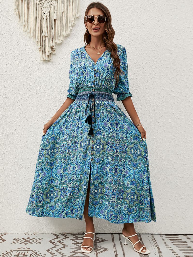 Robe D'été Pour Femmes Col V Boutons Imprimés Longue Plage Bleue - Bleu