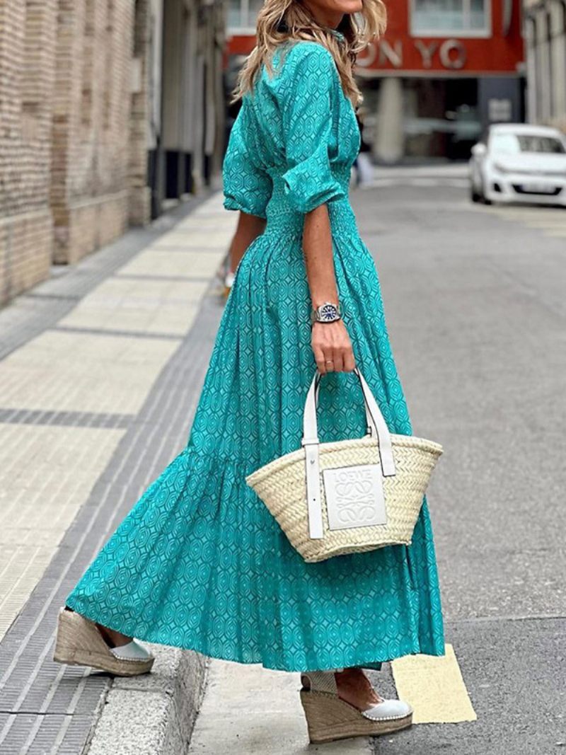 Robe À Fleurs Pour Femmes Col V Plissée Style Bohème Tenue Décontractée Au Quotidien - Bleu