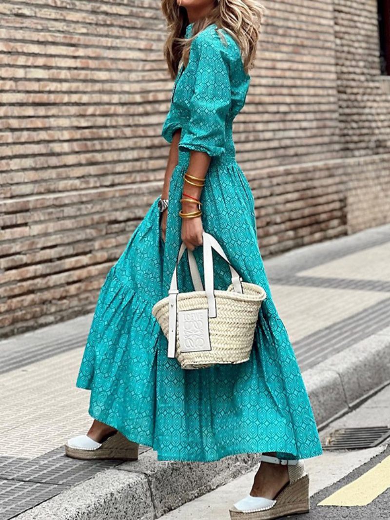 Robe À Fleurs Pour Femmes Col V Plissée Style Bohème Tenue Décontractée Au Quotidien - Bleu