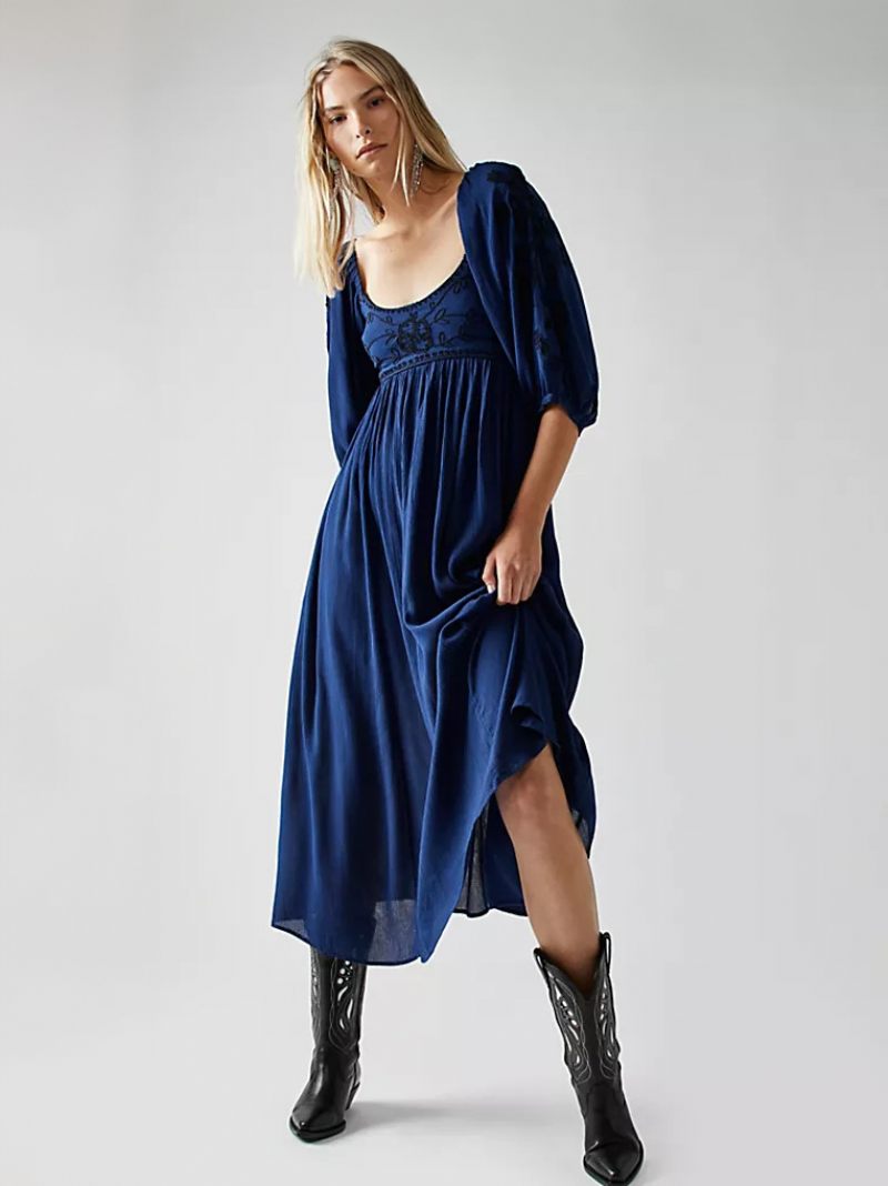 Robe D'inspiration Bohème Bleu Marine Foncé Pour Femmes Corsage Imprimé Froncé Robes Longues Plage Décontractées