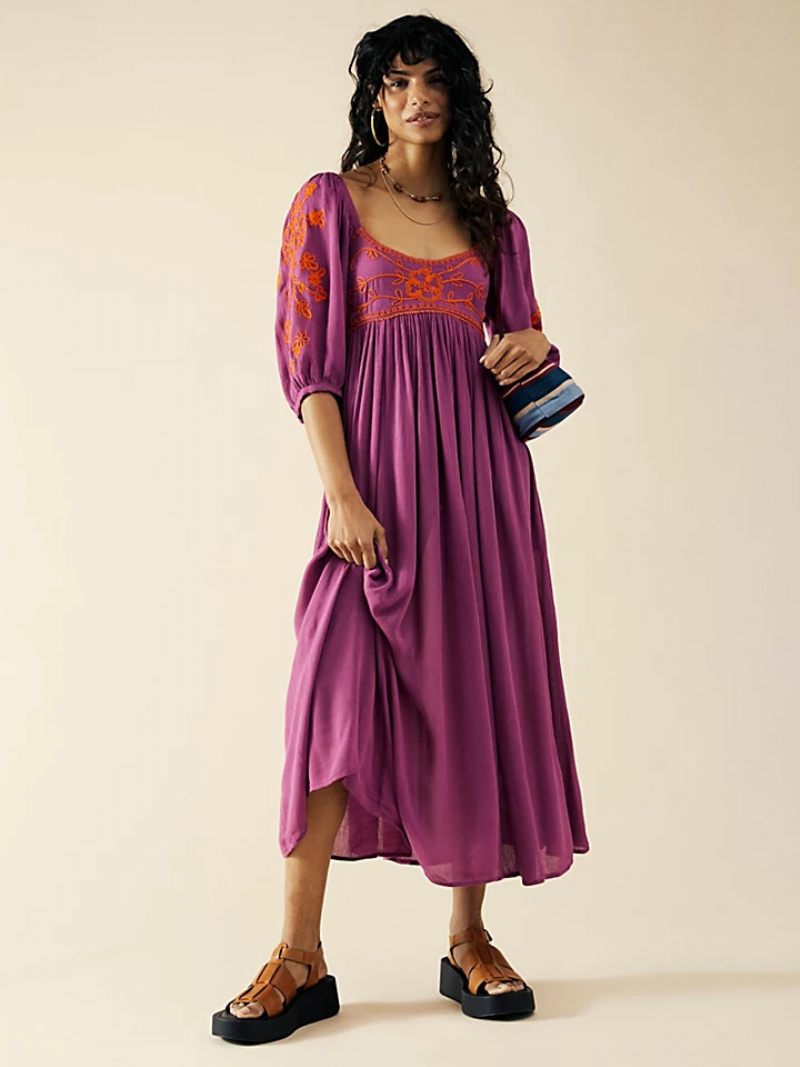 Robe D'inspiration Bohème Bleu Marine Foncé Pour Femmes Corsage Imprimé Froncé Robes Longues Plage Décontractées - Violet