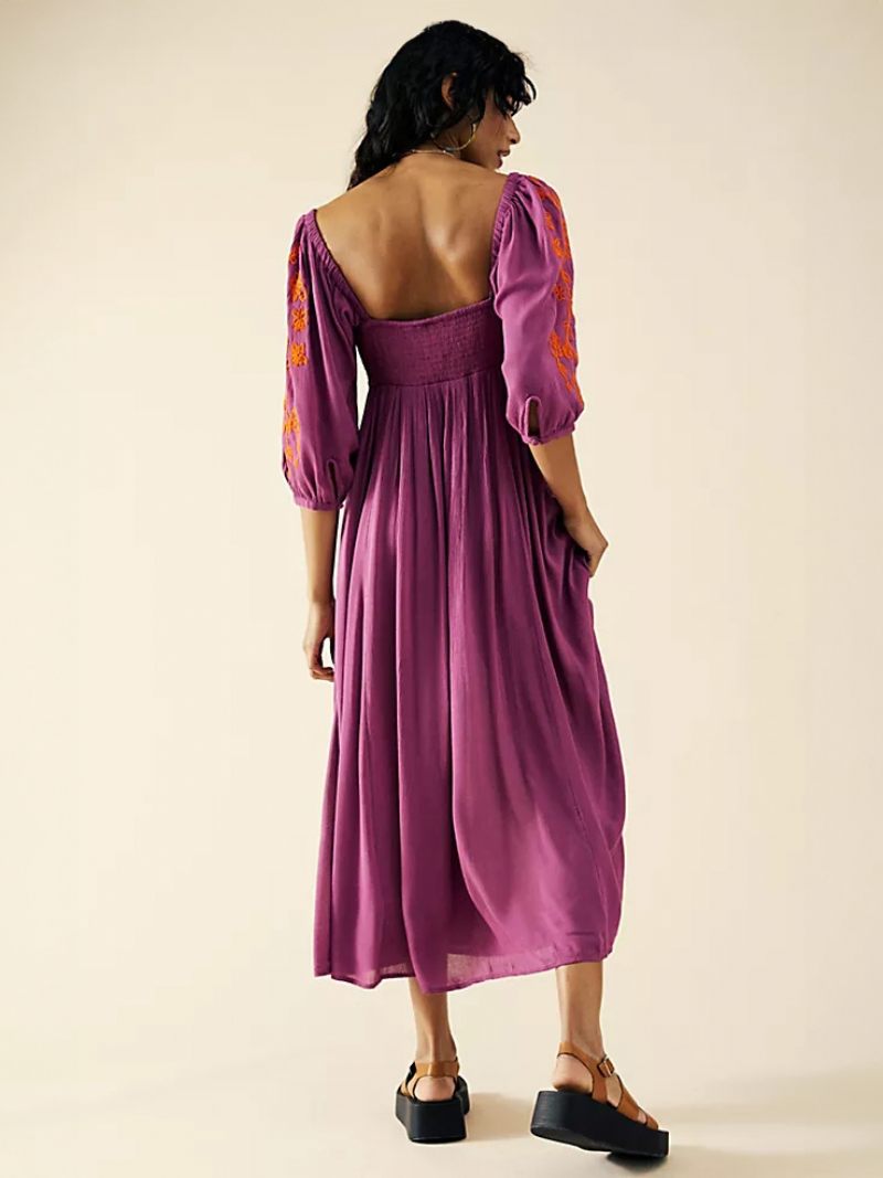 Robe D'inspiration Bohème Bleu Marine Foncé Pour Femmes Corsage Imprimé Froncé Robes Longues Plage Décontractées - Violet