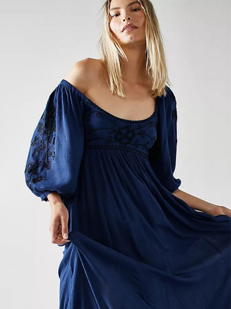 Robe D'inspiration Bohème Bleu Marine Foncé Pour Femmes Corsage Imprimé Froncé Robes Longues Plage Décontractées - Marine Foncé