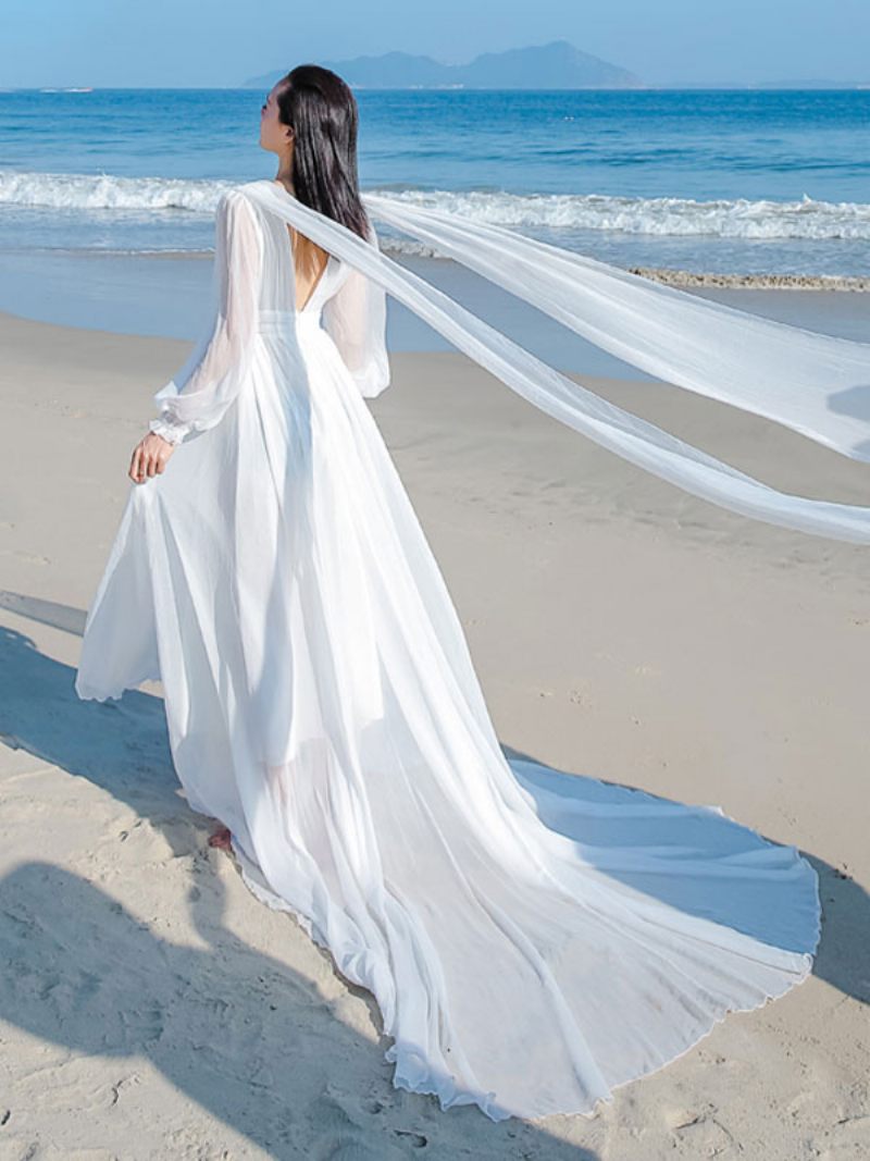 Robe Longue Blanche Féerique Pour Femmes Décolleté V Illusion Tulle Robes Soirée Superposées