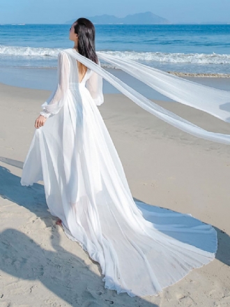 Robe Longue Blanche Féerique Pour Femmes Décolleté V Illusion Tulle Robes Soirée Superposées