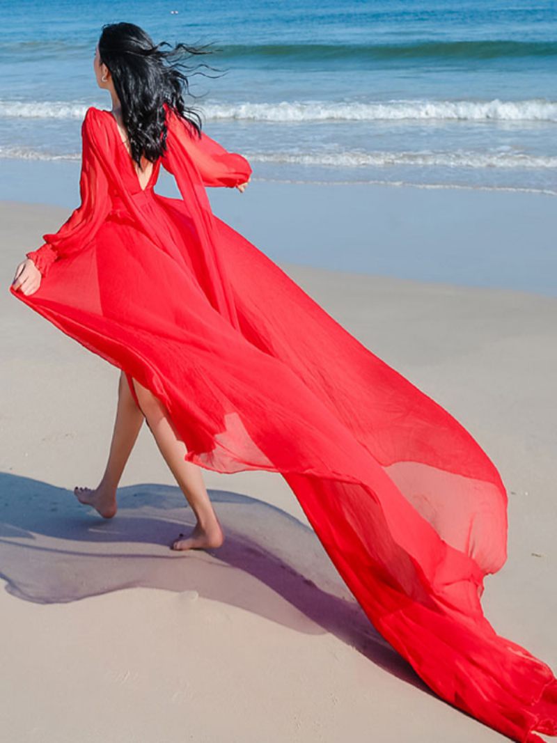 Robe Longue Blanche Féerique Pour Femmes Décolleté V Illusion Tulle Robes Soirée Superposées - Rouge