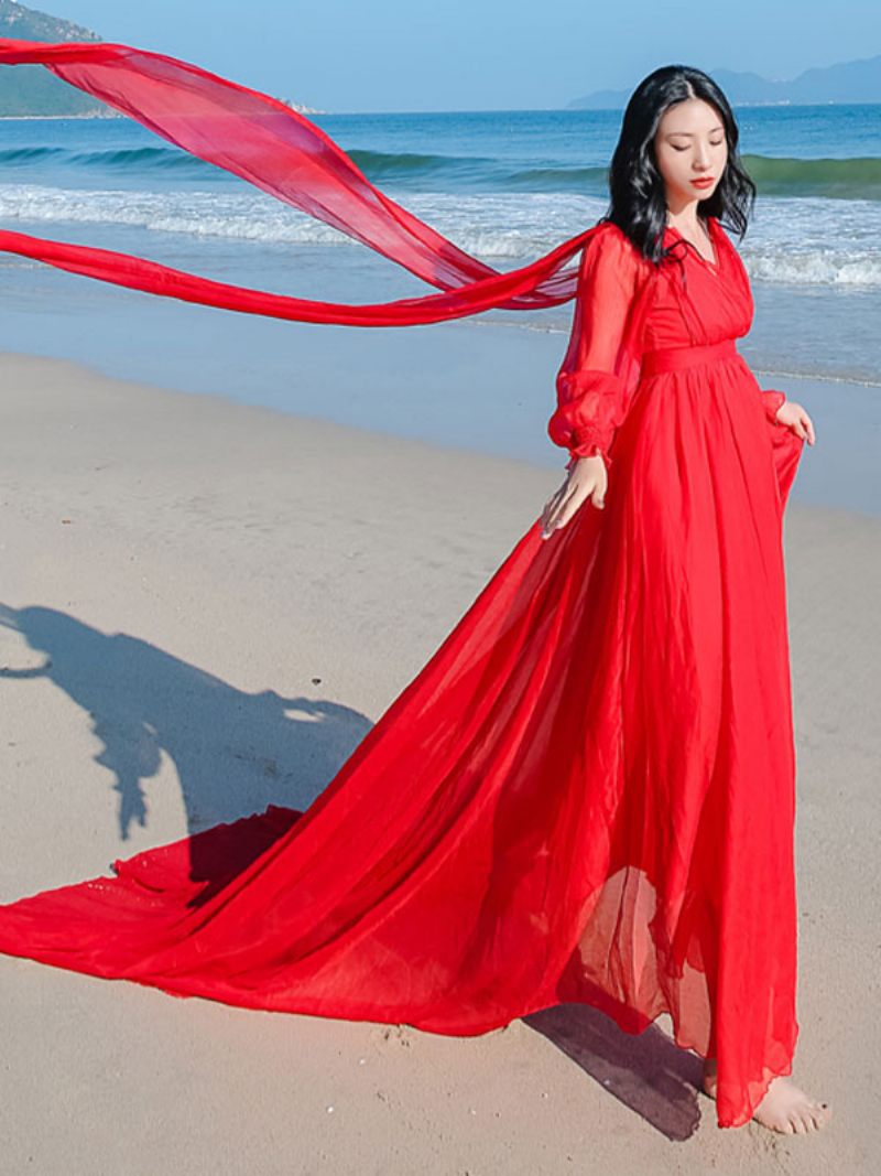 Robe Longue Blanche Féerique Pour Femmes Décolleté V Illusion Tulle Robes Soirée Superposées - Rouge