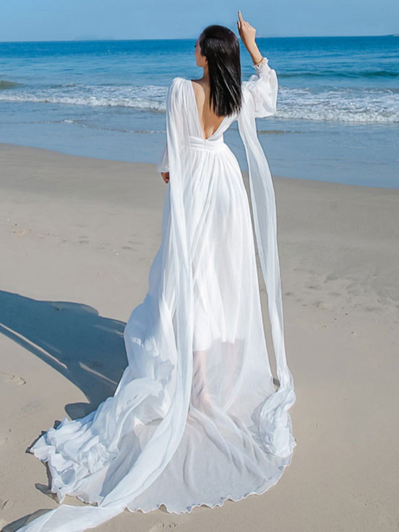 Robe Longue Blanche Féerique Pour Femmes Décolleté V Illusion Tulle Robes Soirée Superposées - Blanc