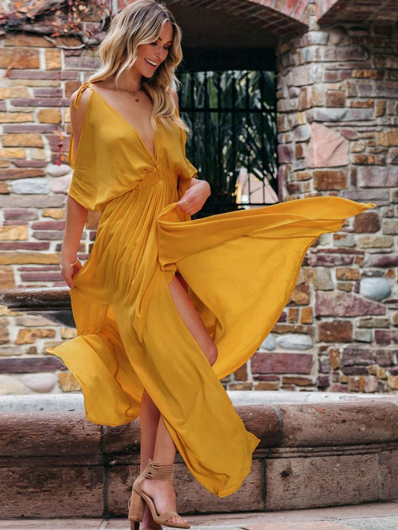 Robe Longue À Col V Pour Femme Épaules Ouvertes Longueur Au Sol - Jaune