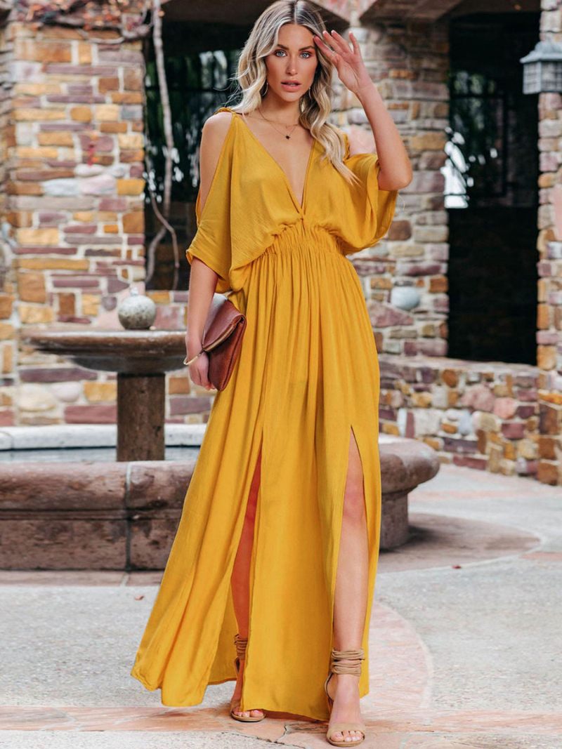 Robe Longue À Col V Pour Femme Épaules Ouvertes Longueur Au Sol - Jaune