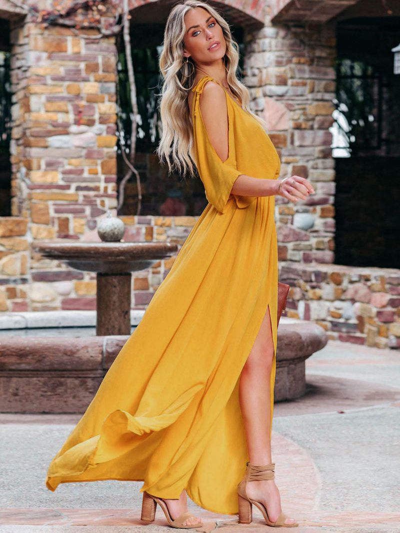 Robe Longue À Col V Pour Femme Épaules Ouvertes Longueur Au Sol - Jaune