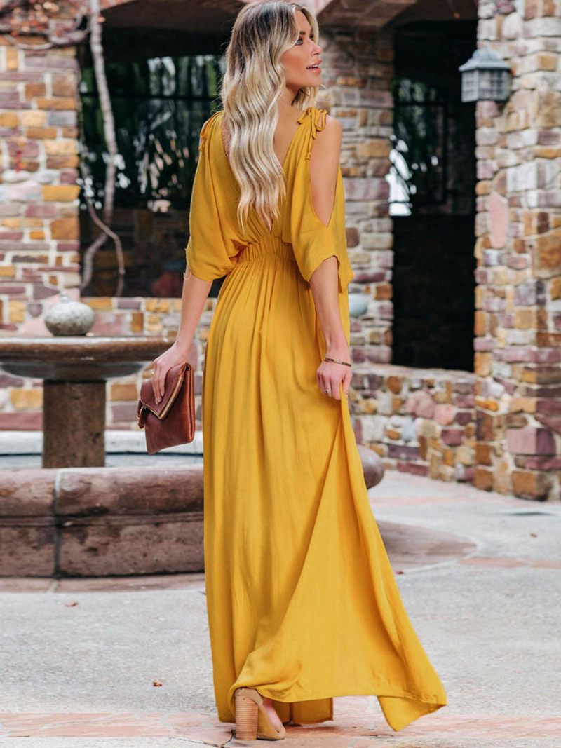 Robe Longue À Col V Pour Femme Épaules Ouvertes Longueur Au Sol - Jaune