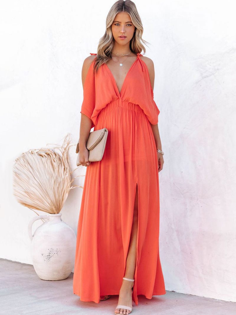 Robe Longue À Col V Pour Femme Épaules Ouvertes Longueur Au Sol - Corail